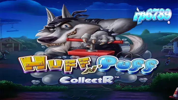 Tampilan visual grid permainan slot Huff N' Puff CollectR dengan karakter babi dan serigala.
